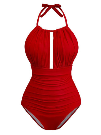 [Pre-Sale] Red 1930s Ruched Halter Hollow One-Piece Swimsuit
