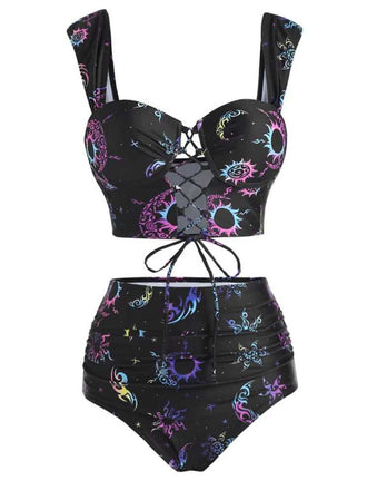 [Pre-Sale] Black 1980s Strap Neon Nebula Print Gothic Bikini