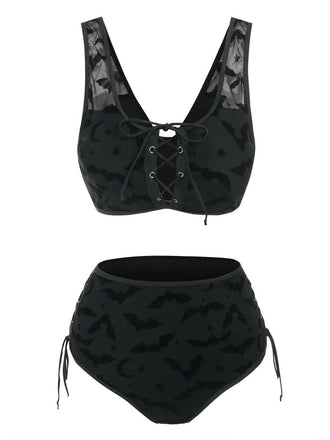 [Pre-Sale] Black 1980s Strap Bat Mesh Gothic Bikini Set