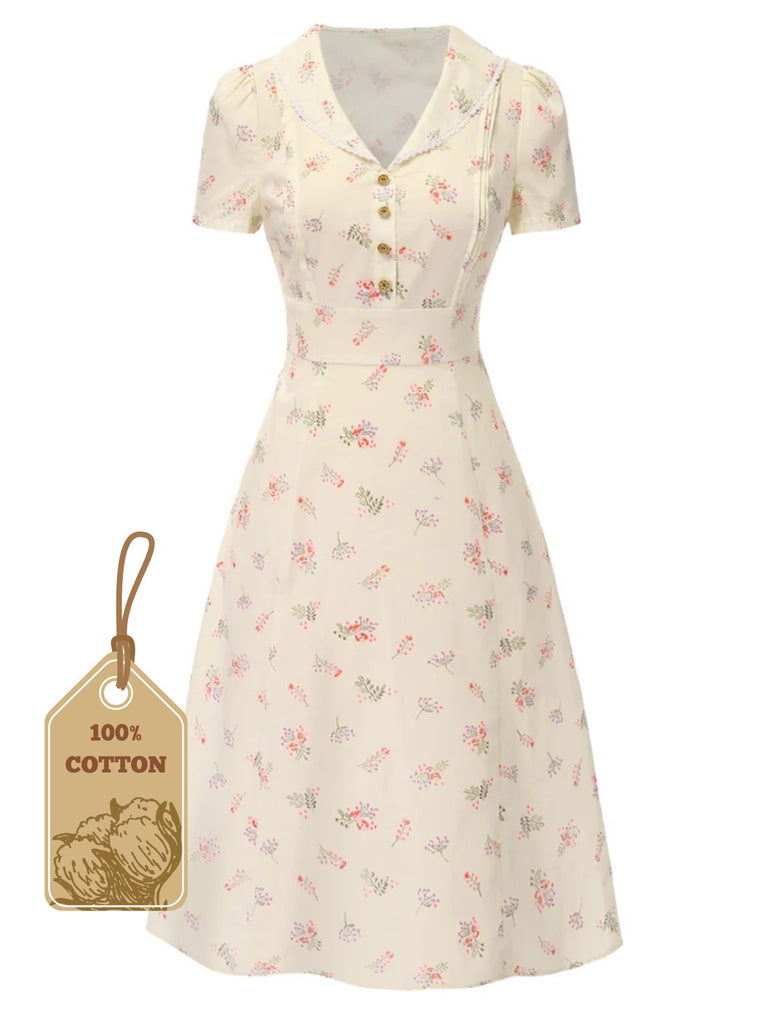 Pure Cotton Beige 1940s Puff Sleeves Floral Dress