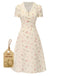 Pure Cotton Beige 1940s Puff Sleeves Floral Dress