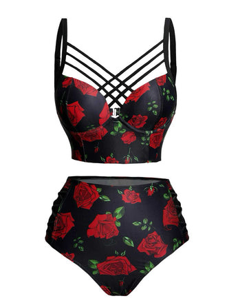 [Pre-Sale] Black 1980s Strap Roses Gothic Bikini Set