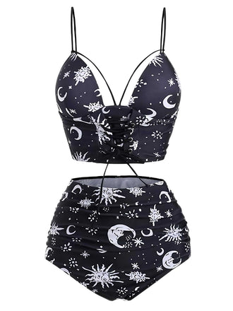 [Pre-Sale] Black 1980s Strap Galaxy Print Gothic Bikini Set