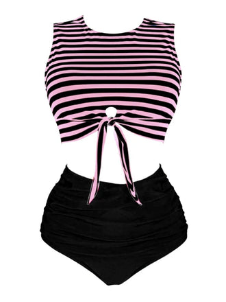 [Pre-Sale] [Plus Size] Pink & Black 1970s Striped Waist Tie Patchwork Swimsuit