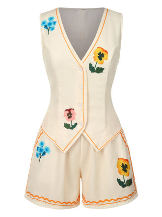 2PCS Beige 1950s Floral Vest & Pocket Shorts