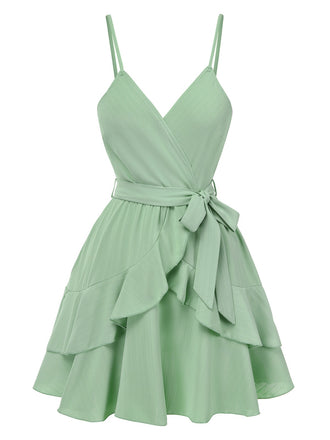 Green 1930s Solid Spaghetti Straps Ruffles Belted Dress