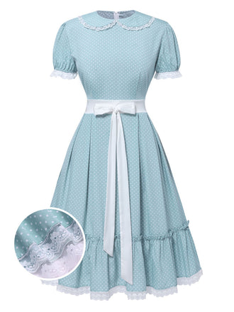 [Pre-Sale] Turquoise 1940s Bow Lace Patchwork Dots Dress