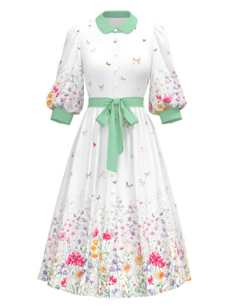 [Pre-Sale] White 1940s Floral Lace-Up A-line Dress