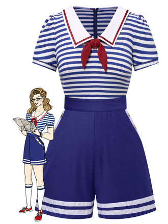 [Pre-Sale] Blue 1950s Cotton Cravat Nautical Stripe Romper