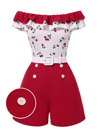 [Pre-Sale] Red 1950s Cherry Off-Shoulder Belted Romper
