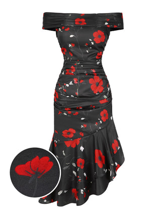 [Pre-Sale] Black 1930s Floral Off-Shoulder Ruffled Dress