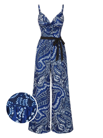 [Pre-Sale] Blue 1970s Spaghetti Strap Paisley Print Belted Jumpsuit