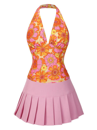 [Pre-Sale] 2PCS 1960s Floral Halter Top & Pleated Skirt