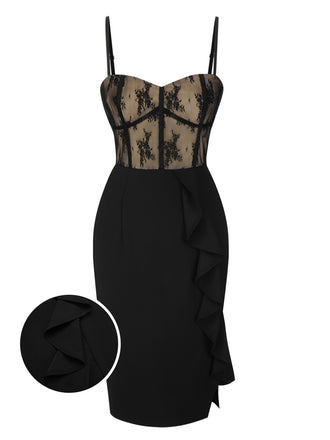 [Pre-Sale] Black 1960s Lace Patchwork Ruffle Pencil Dress