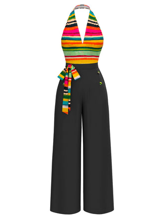 [Pre-Sale] Multicolor 1970s Striped Bow Halter Jumpsuit