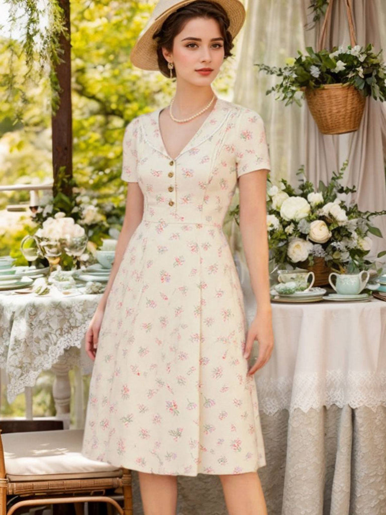 Pure Cotton Beige 1940s Puff Sleeves Floral Dress