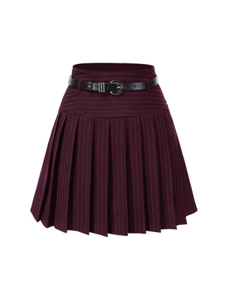 [Pre-Sale] Wine Red 1960s Pinstripes Belted Pleated Skirt