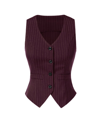 [Pre-Sale] Wine Red 1960s V-Neck Pinstripes Sleeveless Top
