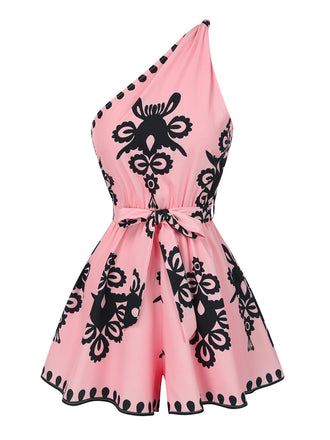 [Pre-Sale] Pink 1940s Oblique Neck Tribal Printed Romper