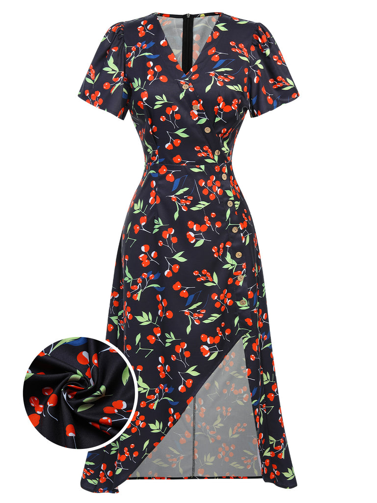 Red 1940s Floral V-Neck Added Button Dress