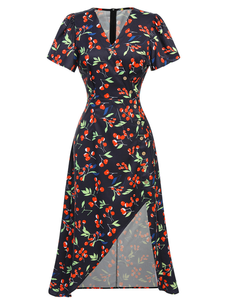 Red 1940s Floral V-Neck Added Button Dress