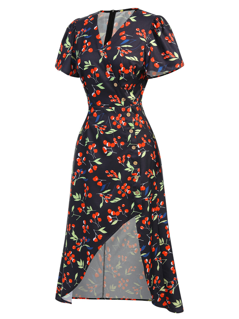 Red 1940s Floral V-Neck Added Button Dress