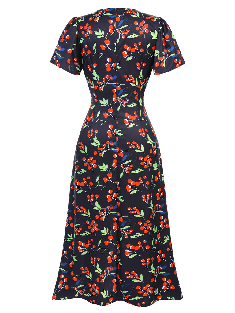 Red 1940s Floral V-Neck Added Button Dress