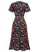 Red 1940s Floral V-Neck Added Button Dress