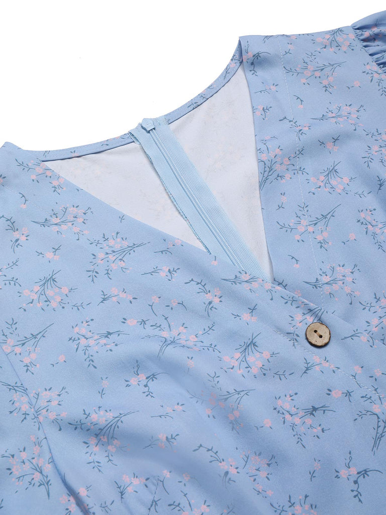 Red 1940s Floral V-Neck Added Button Dress