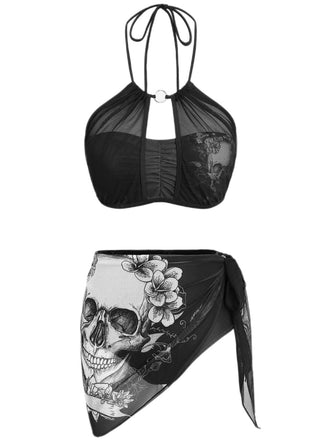 [Pre-Sale] 2PCS Black 1980s Gothic Skull Mesh Halter Bikini Set & Cover Up