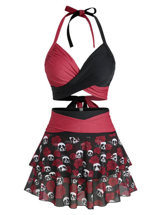 [Pre-Sale] Black & Red 1980s Gothic Skull Rose Halter Skirt Swimsuit