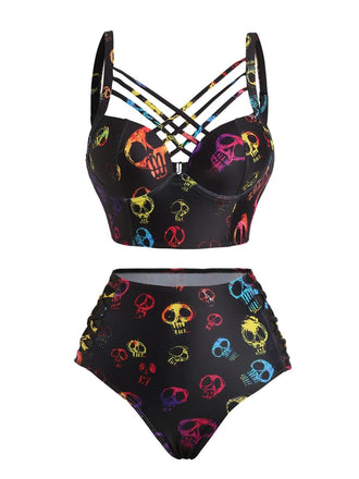 [Pre-Sale] Black 1980s Gothic Steampunk Skull Bikini Set