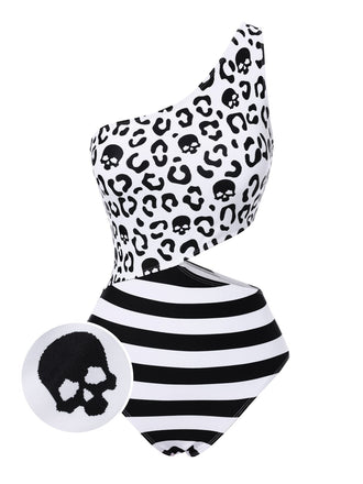 [Pre-Sale] Black 1980s One-Shoulder Hollow Skull Stripe Swimsuit