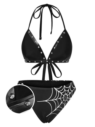 [Pre-Sale] Black 1980s Gothic Spider Web Rivets Bikini Set