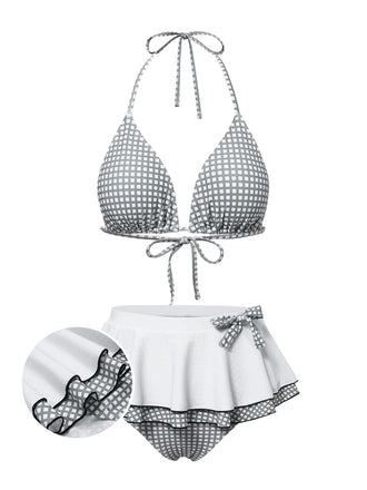 [Pre-Sale] Gray & White 1940s Gingham Plaid Bow Halter Swimsuit