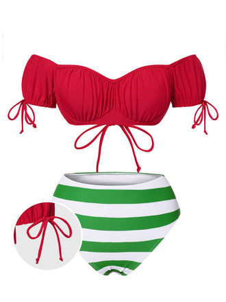 [Pre-Sale] Red 1950s Off-Shoulder Stripes Bikini Set
