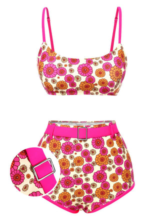 [Pre-Sale] Rose Pink 1960s Floral Belted Bikini Set