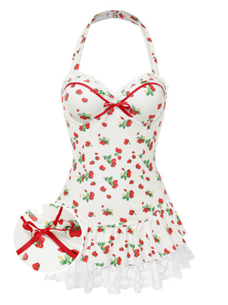 [Pre-Sale] 1950s Halter Strawberry Lace Bow Swimdress