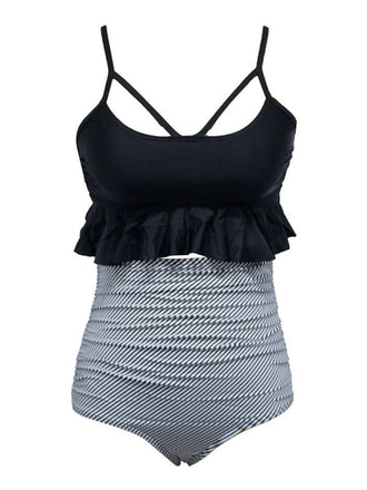 Black 1970s Tummy Control Striped Ruffled Tankini Set