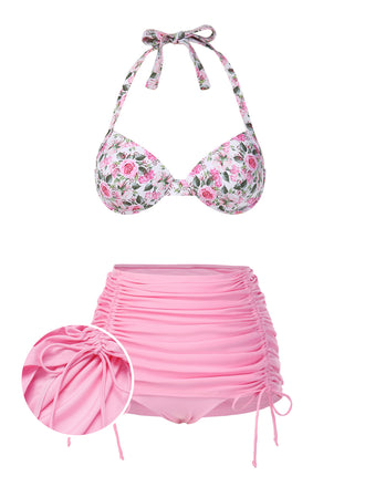 [Pre-Sale] Pink 1940s Rose Halter Drawstring Swimsuit