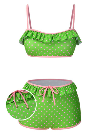 [Pre-Sale] Green 1950s Ruffled Polka Dots Bikini Set