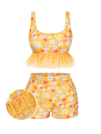 [Pre-Sale] Yellow 1960s Strap Ruffles Daisy Tankini Set