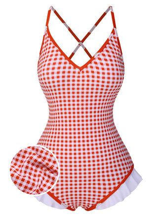 [Pre-Sale] Red 1950s Gingham Plaid Ruffled Swimsuit