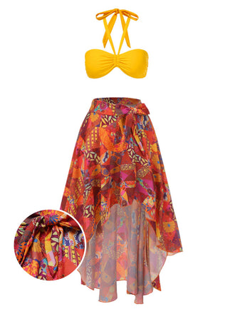 [Pre-Sale] 3PCS Yellow 1970s Halter Bikini Set & High Low Boho Cover-Up