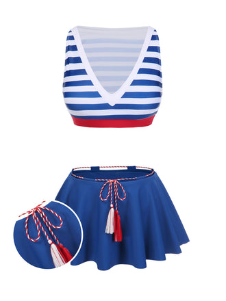 [Pre-Sale] Blue 1950s Striped Fringe Bikini Set