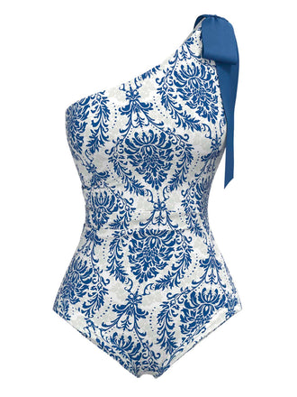 [Pre-Sale] Blue 1950s Floral One-Shoulder One-Piece Swimsuit