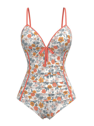 [Pre-Sale] Orange 1960s Daisy Lace-Up One-Piece Swimsuit