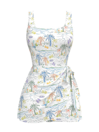 [Pre-Sale] White 1940s Plant Print Square Neck Swimdress