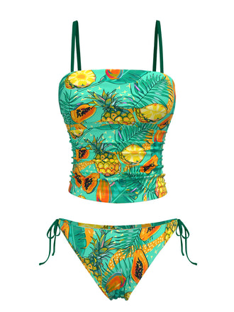 [Pre-Sale] Turquoise 1970s Fruit Print Lace-Up Spaghetti Strap Swimsuit