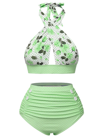 Green 1940s Floral Cross Halter Swimsuit